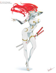 1girl absurdres assassin bamuth blue_eyes bodysuit breasts bright_pupils earrings facemask feet fingernails floating_hair full_body gold highres huge_breasts jewelry katana mask nails ninja one_leg_raised original red_hair sharp_fingernails sharp_toenails sword thighhighs tiptoes toeless_legwear toenails weapon white_background white_pupils
