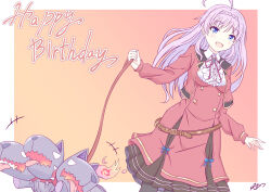 1girl ahoge ashley_arvasti belt blue_eyes cerberus dog happy_birthday highres iris_mysteria! k_(nura-rikuo) long_hair long_skirt open_mouth pet purple_hair skirt smile standing