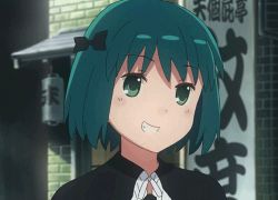 1girl :p animated animated_gif anime_screenshot bow female_focus gothic_lolita green_eyes green_hair grin hair_bow joshiraku kuurubiyuutei_gankyou lolita_fashion lowres matching_hair/eyes no_eyewear portrait short_hair smile solo tongue tongue_out