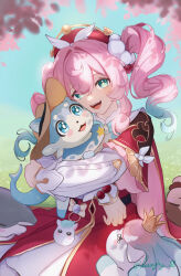 1girl :d absurdres animal animal_hug aqua_eyes blush_stickers bubbles_(honkai:_star_rail) crown crying crying_with_eyes_open dress hair_between_eyes hat highres honkai:_star_rail honkai_(series) hyacine_(honkai:_star_rail) laughy88 little_ica_(honkai:_star_rail) long_hair looking_at_viewer mini_crown open_mouth pink_hair red_dress red_hat smile tears twintails