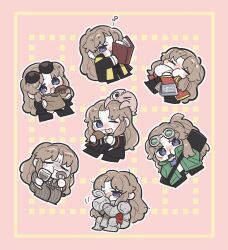 6+girls :3 :p armor steamed_bun black_coat blue_eyes bongy_(project_moon) book brown_hair can closed_mouth coat cup devyat_association_(identity)_(project_moon) dieci_association_(identity)_(project_moon) donut eating eyewear_on_head food green_coat highres holding holding_book holding_cup jacket kojocho05 limbus_company liu_association_(identity)_(project_moon) long_hair long_sleeves multiple_girls multiple_persona n_corp._fanatic_(identity)_(project_moon) parted_bangs pink_background project_moon red_jacket rodion_(project_moon) sidelocks simple_background smile stole sunglasses t_corp._(identity)_(project_moon) tongue tongue_out very_long_hair zwei_association_(identity)_(project_moon)