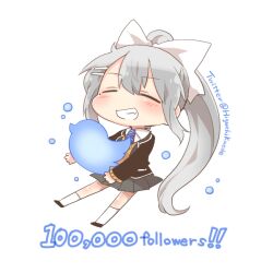 Rule 34 | 1boy, black jacket, blazer, blue necktie, blush stickers, bow, brown sweater, chibi, closed eyes, collared shirt, full body, grey hair, grey skirt, grin, hair between eyes, hair bow, hair ornament, hairclip, higuchi kaede, higuchi kaede (1st costume), jacket, long hair, long sleeves, milestone celebration, necktie, nijisanji, open clothes, open jacket, pleated skirt, ponytail, rebecca (keinelove), school uniform, shirt, simple background, skirt, smile, socks, solo, sweater, twitter, twitter bird, twitter username, very long hair, virtual youtuber, white background, white bow, white shirt, white socks