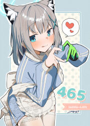 1girl absurdres akinoji_(akiponpon27) animal_ear_fluff animal_ears apron back_bow black_gloves blue_archive blue_eyes blue_halo blue_jacket blue_nails blush bow bright_pupils character_name commentary_request cross_hair_ornament fingernails four-finger_heart_hands frilled_apron frills gloves glowing green_gloves grey_hair hair_ornament halo heart heart_hands highres jacket jersey_maid maid mismatched_pupils outline shiroko_(blue_archive) signature single_glove solo speech_bubble thighhighs tongue track_jacket two-tone_gloves unconventional_maid watermark white_apron white_outline white_pupils white_thighhighs wolf_ears
