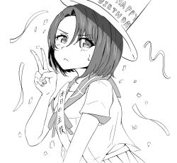 1girl :&lt; blush closed_mouth confetti fingernails fuyou_yuuna_wa_yuusha_de_nai greyscale hair_between_eyes hair_ornament hairclip hand_up happy_birthday hat highres looking_at_viewer monochrome neck_ribbon nukenin_(maato) parted_bangs pleated_skirt ribbon sailor_collar sash school_uniform serafuku shirt short_hair short_sleeves shoulder_sash simple_background skirt solo streamers sweat top_hat upper_body v v-shaped_eyebrows white_background yuzuki_yuuna