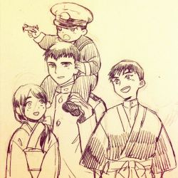 10s 1girl 3boys blush bow carrying carrying_over_shoulder commentary hair_bow hakama hakama_skirt hat hinaki_eiji japanese_clothes kantai_collection kimono long_sleeves low_ponytail military military_hat military_uniform monochrome multiple_boys naval_uniform peaked_cap ponytail sailor_collar shigemitsu_jun shoulder_carry skirt smile toy toy_airplane traditional_media upper_body