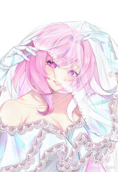 1girl absurdres bare_shoulders breasts cleavage collarbone dress elbow_gloves elysia_(herrscher_of_human:_ego)_(honkai_impact) elysia_(honkai_impact) gloves hair_between_eyes highres holding_veil honkai_(series) honkai_impact_3rd long_hair looking_at_viewer pink_eyes pink_hair pink_pupils smile solo steel_wool_catfish_essence teeth veil very_long_hair white_background white_dress white_gloves white_veil