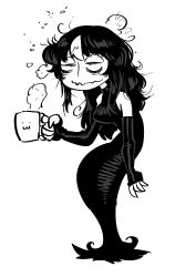 1girl :3 bags_under_eyes bare_shoulders black_dress black_hair breasts coffee coffee_mug cup dress elbow_gloves glasgow_smile gloves hair_between_eyes highres holding holding_cup jaggy_lines large_breasts long_dress long_fingers long_hair long_sleeves looking_at_viewer messy_hair mug multicolored_hair noss_&amp;_zakuro noss_(rariatto) rariatto_(ganguri) ribbed_dress simple_background sleepy smile solo steam streaked_hair vampire waking_up wavy_mouth white_background