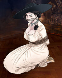 1girl absurdres alcina_dimitrescu bdsm black_hair bondage bound breasts cleavage cleave_gag cloth_gag dress fang gag gagged glaring highres improvised_gag jewelry kneehighs large_breasts looking_at_viewer lost_one_zero necklace resident_evil resident_evil_village restrained short_hair socks solo white_dress yellow_eyes