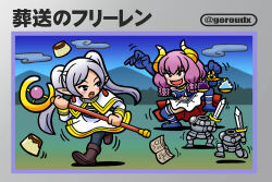 2girls armor aura_(sousou_no_frieren) black_eyes black_pantyhose blue_boots blue_gloves book boots box_art braid brown_boots cape capelet clothing_cutout cloud commentary_request cover demon_girl demon_horns earrings elf fake_box_art faux_retro_artstyle frieren full_body gloves holding holding_scale holding_staff holding_sword holding_weapon horns jewelry long_hair long_sleeves looking_at_another looking_back mage_staff mountainous_horizon multiple_braids multiple_girls navel_cutout open_book open_mouth outdoors pantyhose pointy_ears purple_hair red_cape running shirt skirt sousou_no_frieren staff striped_clothes striped_shirt sword teardrop_earrings translation_request twintails twitter_username video_game_cover weapon weighing_scale white_capelet white_hair white_skirt yoshida_gorou