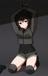 Rule 34 | 1girl, arms up, belt, belt buckle, black belt, black boots, black gloves, black hair, black shirt, black socks, blush, boots, bound, bound wrists, brown eyes, brown hair, buckle, closed mouth, covered navel, full body, gloves, grey background, grey jacket, grey shorts, head tilt, highres, hood, hood down, hooded jacket, jacket, long sleeves, multicolored hair, nanju bami, original, shadow, shirt, short shorts, shorts, small sweatdrop, snap-fit buckle, socks, solo, streaked hair, sweat, twintails