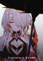 Rule 34 | 1girl, acheron (honkai: star rail), armor, artist name, black choker, body markings, breasts, choker, chromatic aberration, cleavage, closed mouth, criss-cross halter, earrings, hair over one eye, halterneck, heavy chromatic aberration, highres, honkai: star rail, honkai (series), jewelry, long hair, looking at viewer, medium breasts, missing commentary, multicolored hair, rain, red eyes, shoulder armor, single bare shoulder, solo, srpzk, streaked hair, upper body, white hair