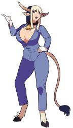Rule 34 | 1girl, 2017, absurdres, animal ears, bell, black hair, blonde hair, blue bodysuit, blue eyes, blunt bangs, blush, bodysuit, breasts, brown horns, chizu (monster musume), cleavage, commentary, cow ears, cow girl, cow horns, cow tail, cowbell, english commentary, full body, gloves, hand on own hip, highres, hooves, horns, huge breasts, index finger raised, lilirulu, long sleeves, looking at viewer, monster musume no iru nichijou, multicolored hair, neck bell, open mouth, sidelocks, simple background, solo, tail, two-tone hair, white background, white gloves