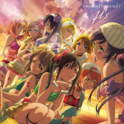 6+girls album_cover ayase_eli backwards_hat bandana bangle baseball_cap bikini bikini_skirt black_hair blonde_hair blue_eyes bracelet breasts brown_eyes brown_hair cover earrings evening eyewear_on_head facial_mark flower frilled_bikini frills green_eyes group_name hair_between_eyes hair_flower hair_ornament hairband hand_on_own_chin hat heart heart_facial_mark hibiscus hoshizora_rin jewelry koizumi_hanayo kosaka_honoka long_hair love_live! love_live!_school_idol_project low_twintails medium_hair minami_kotori multiple_girls natsuiro_egao_de_1_2_jump! necklace nishikino_maki ocean official_art one_side_up orange_hair outdoors own_hands_together parted_lips ponytail purple_eyes red_eyes red_hair short_hair sky song_name sonoda_umi star_(symbol) star_earrings striped_bikini striped_clothes sunglasses sunset swimsuit third-party_source tojo_nozomi twintails yazawa_nico