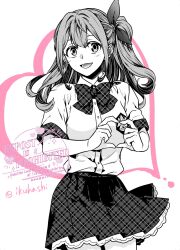 1girl :d bad_link blush bow bowtie breasts chaos;head chaos;head_love_chu_chu! collared_shirt cowboy_shot greyscale hair_between_eyes hair_bow hair_ribbon heart heart_hands highres ikuhashi_muiko long_hair looking_at_viewer lower_teeth_only medium_breasts monochrome one_side_up open_mouth plaid_bow plaid_bowtie plaid_clothes plaid_skirt plaid_sleeves pleated_skirt ribbon sakihata_rimi school_emblem school_uniform shirt short_sleeves side_ponytail simple_background skirt smile solo standing suimei_academy suimei_school_uniform suimei_summer_uniform teeth thick_thighs thighs tongue white_background white_petticoat
