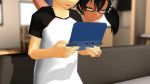 1girl 2boys 3d animated bent_over black_hair brown_theme censored cheating_(relationship) clueless couch doggystyle flim13 glasses mitsu-san_(mmd) multiple_boys multitasking netorare original semi-rimless_eyewear sex sex_from_behind shmb-san_(mmd) sitting standing standing_sex stealth_sex tan tanline tongue tongue_out twintails under-rim_eyewear underwear vaginal video