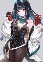1girl absurdres animal_ears bare_shoulders belt black_gloves black_hair black_leotard blue_hair bow bowtie breasts brown_pantyhose colored_inner_hair detached_collar eyeliner fake_animal_ears fate/grand_order fate_(series) fishnet_pantyhose fishnets gloves grey_eyes grin highleg highleg_leotard highres jacket leotard long_hair long_sleeves looking_at_viewer makeup multicolored_hair multicolored_jacket muneomon_(takomon) off_shoulder pantyhose playboy_bunny rabbit_ears red_gloves sidelocks small_breasts smile solo tenochtitlan_(fate) tenochtitlan_(swimsuit_mooncancer)_(fate) tenochtitlan_(swimsuit_mooncancer)_(third_ascension)_(fate) thighs two-tone_jacket white_jacket yellow_jacket