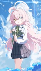 1girl absurdres ahoge blue_archive blue_eyes blue_flower blue_sky chinese_commentary cloud commentary day feet_out_of_frame flower flower_bed hair_between_eyes halo heterochromia highres holding holding_flower hoshino_(blue_archive) light_blush long_hair long_sleeves orange_eyes outdoors parted_lips pink_hair pink_halo pleated_skirt shirt skirt sky solo tulip very_long_hair white_flower white_shirt white_tulip zizhucan
