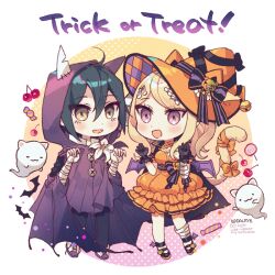 Rule 34 | 1boy, 1girl, ahoge, akamatsu kaede, alternate costume, animal ear headwear, animal ears, bandaged arm, bandaged leg, bandages, bear hat, black bow, black cape, black footwear, black gloves, black hair, black pants, blonde hair, border, bow, brooch, candy, cape, cat ears, cat tail, cherry, chibi, claw pose, cloak, collared cape, collared shirt, dalrye v3, danganronpa (series), danganronpa v3: killing harmony, dot nose, dress, english text, eyelashes, fake animal ears, fake tail, flower, flower brooch, food, fortissimo, frilled dress, frilled gloves, frills, fruit, ghost, gloves, gradient background, hair between eyes, hair ornament, halloween costume, happy, hat, hat belt, hat bow, high collar, hood, hood up, hooded cloak, light blush, lily (flower), lollipop, long eyelashes, long hair, looking at viewer, mary janes, multiple hat bows, musical note, musical note hair ornament, neck ribbon, open mouth, orange bow, orange dress, orange hat, orange ribbon, outside border, pale skin, pants, polka dot, polka dot background, puffy short sleeves, puffy sleeves, purple background, purple bow, purple cloak, purple eyes, ribbon, round border, saihara shuichi, shirt, shoes, short hair, short sleeves, sidelocks, smile, sneakers, standing, striped bow, swirl lollipop, tail, tail bow, tail ornament, tail ribbon, trick or treat, twitter username, two-tone bow, waist bow, watermark, white border, white flower, white footwear, white shirt, winged footwear, witch, witch hat, yellow background, yellow eyes