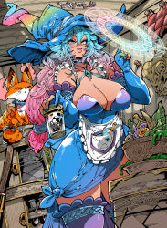 1girl apron blue_eyes blue_gloves blue_hair blue_nails breasts cleavage cowboy_shot elbow_gloves fox frilled_apron frills gloves gradient_hair hair_between_eyes hand_up hat holding kafun large_breasts lips long_hair looking_at_viewer magic multicolored_hair original parted_lips partially_fingerless_gloves pink_hair two-tone_hair v-shaped_eyebrows witch_hat