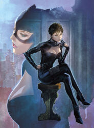 1girl batman_(series) black_hair bodysuit breasts cat_mask catsuit catwoman claws cleavage crossed_legs dc_comics female_focus finger_to_mouth gloves high_heels highres homare_(fool&#039;s_art) large_breasts leather_suit mask official_art on_stool selina_kyle short_hair sitting smile solo stool very_short_hair