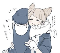 Rule 34 | 2girls, blue hair, blunt bangs, blush, closed eyes, commentary request, cone hair bun, double bun, flying sweatdrops, frilled shirt, frilled sleeves, frills, fukurai azami, gloves, hair bun, hamu (hamusand), highres, hug, jasmine (toshi densetsu kaitai center), long sleeves, multiple girls, partially fingerless gloves, shirt, short hair, simple background, smile, speech bubble, thought bubble, toshi densetsu kaitai center, translation request, upper body, white background