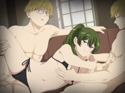 1girl 2boys artist_name bikini bikini_bottom_aside black_bikini blonde_hair breasts censored clone clone_harem clothing_aside commentary couch eufoniuz grabbing_another&#039;s_breast green_hair groping group_sex handjob hetero highres indoors jitome land_(sousou_no_frieren) leg_grab long_hair looking_at_another medium_breasts mmf_threesome mosaic_censoring multiple_boys muntins navel paid_reward_available parted_lips profile purple_eyes pussy rectangular_eyewear revision sex side-tie_bikini_bottom side_ponytail smile sousou_no_frieren spread_legs subscribestar_logo subscribestar_username swimsuit thighs threesome ubel_(sousou_no_frieren) vaginal window