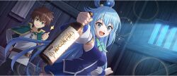 Rule 34 | 1boy, 1girl, :d, alcohol, aqua (konosuba), belt, black pants, blue brooch, blue dress, blue hair, bottle, bow, bowtie, breasts, brown belt, brown hair, cape, clenched hands, corked bottle, detached sleeves, dress, dutch angle, game cg, green bow, green bowtie, green cape, green eyes, hair ornament, hair rings, hand on own hip, highres, holding, holding bottle, indoors, kono subarashii sekai ni shukufuku wo!, konosuba! fantastic days, lens flare, long hair, looking at viewer, medium breasts, night, official art, open mouth, pants, satou kazuma, shirt, single hair ring, smile, sparkle, stable, third-party source, thumbs up, towel, very long hair, white shirt, white sleeves