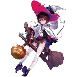 1girl belt black_dress black_hair black_shoes broken_wand broom broom_riding buttons colored_shoe_soles crossed_bandaids double-breasted dress flower fold-over_boots frown full_body girls&#039;_frontline gradient_hair green_eyes grey_socks hair_ornament halloween hat high_heels highres holding holding_broom holding_unworn_clothes holding_unworn_hat jack-o&#039;-lantern jack-o&#039;-lantern_print layered_legwear long_sleeves looking_at_viewer multicolored_hair official_alternate_costume official_art open_mouth pink_flower print_thighhighs puffy_long_sleeves puffy_sleeves purple_hair robe shoe_soles shoes short_hair simple_background skindentation socks solo tears thighhighs third-party_source torn_clothes torn_hat torn_robe torn_thighhighs transparent_background type_4_(girls&#039;_frontline) type_4_(sorcerer&#039;s_imaginarium)_(girls&#039;_frontline) type_4_rifle unworn_hair_ornament unworn_hat unworn_headwear wand white_hat white_robe white_thighhighs wide_sleeves witch witch_hat
