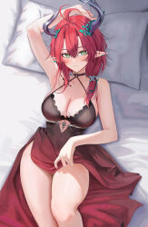1girl alternate_costume arm_up armpits bare_shoulders bed blush breasts ciaccona_(wuthering_waves) cleavage closed_mouth clothes_lift collarbone commentary covered_navel cutout_above_navel dress dress_lift green_eyes hair_between_eyes halter_dress halterneck highres large_breasts looking_at_viewer lying medium_hair nail_polish on_back on_bed paid_reward_available pointy_ears red_dress red_hair red_nails ru_zhai smile solo symbol-only_commentary tacet_mark_(wuthering_waves) thighs tree_horns wuthering_waves yellow_pupils