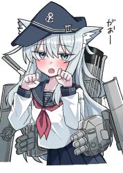 1girl animal_ear_fluff animal_ears black_hat black_sailor_collar black_skirt blush cat_ears fang grey_eyes grey_hair hands_up hat hibiki_(kancolle) kantai_collection long_sleeves looking_at_viewer neckerchief nyanzai-sensei open_mouth paw_pose red_neckerchief sailor_collar shirt skirt solo white_background white_shirt