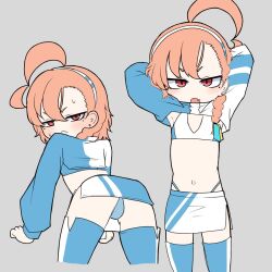 1girl ahoge ass blue_archive deka_saurus dual_persona flat_chest grey_background halo highres loli mole mole_under_eye neru_(blue_archive) orange_hair petite race_queen red_eyes short_hair shrug_(clothing) simple_background sketch sports_bra thighhighs