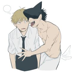 Rule 34 | 2boys, adam&#039;s apple, bad id, bad twitter id, beam (chainsaw man), black hair, black necktie, black pants, blonde hair, blush, chainsaw man, collarbone, collared shirt, denji (chainsaw man), hair ornament, highres, hug, looking at another, male focus, multiple boys, necktie, nose, open mouth, pants, pointy ears, sabi nm, shark boy, sharp teeth, shirt, short hair, simple background, speech bubble, teeth, thought bubble, toned, toned male, tongue, tongue out, white background, white pants, white shirt, yellow eyes