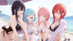 4girls ahoge arisa_(charon_universe) arm_strap bare_shoulders bent_over bikini black_bikini black_choker black_hair black_one-piece_swimsuit blue_hair blue_shorts breasts charon_universe choker cleavage closed_eyes collared_shirt criss-cross_halter crop_top cutoffs day denim denim_shorts ellie_(charon_universe) eris_(charon_universe) flower front-tie_bikini_top front-tie_top grin hair_bun hair_flower hair_ornament hairclip halterneck highleg highleg_bikini highres karin_(charon_universe) large_breasts long_hair long_sleeves looking_at_another looking_at_viewer low_ponytail medium_breasts micro_shorts multi-strapped_bikini_bottom multi-strapped_bikini_top multicolored_hair multiple_girls myomomoo navel one-piece_swimsuit open_clothes open_fly open_mouth open_shirt orange_eyes outdoors pink_hair ponytail purple_eyes red_bikini red_hair shirt shorts side-tie_one-piece_swimsuit smile stomach streaked_hair string_bikini swimsuit thighs two-tone_hair white_bikini white_shirt