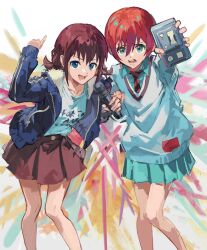 2girls amate_yuzuriha blue_eyes blue_jacket blue_skirt brown_hair cassette_player commentary_request crossover girls_band_cry green_eyes gundam gundam_gquuuuuux highres holding holding_microphone hood hood_down hooded_jacket ichi_(two_too_22) iseri_nina jacket leaning_forward long_sleeves looking_at_viewer microphone multiple_girls music necktie open_clothes open_jacket open_mouth pleated_skirt pointing pointing_up red_hair red_skirt shirt singing skirt standing text_print white_shirt