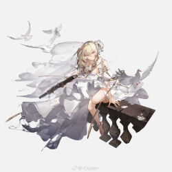 1girl anklet assault_rifle bare_shoulders barefoot bird blonde_hair breasts bullpup carbine clothing_cutout detached_collar dlgeria dove dress flower full_body girls&#039;_frontline gun hair_flower hair_ornament hairband high-low_dress high-low_skirt highres holding holding_gun holding_weapon iwi_tavor jewelry long_hair looking_at_viewer medium_breasts official_alternate_costume official_art puffy_short_sleeves puffy_sleeves railing rifle scar scar_on_face short_sleeves shoulder_cutout solo squatting tavor_x95 torn_clothes torn_dress v-shaped_eyebrows watermark weapon weibo_watermark white_background white_bird white_dress white_flower white_hairband x95_(girls&#039;_frontline) yellow_eyes