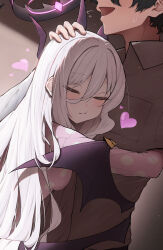 1boy 1girl ^_^ black_hair blue_archive blurry closed_eyes collared_shirt commentary depth_of_field faceless faceless_male flying_sweatdrops grey_background hair_between_eyes halo headpat heart height_difference highres hina_(blue_archive) hina_(pajamas)_(blue_archive) hug jmeakat long_bangs long_hair long_sleeves looking_at_viewer official_alternate_costume official_alternate_hairstyle pajamas pink_pajamas polka_dot polka_dot_pajamas sensei_(blue_archive) shirt sidelocks simple_background sweatdrop upper_body wavy_hair white_hair white_shirt wing_hug wings