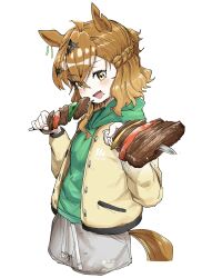 1girl ahoge amik0824 animal_ears blush brown_hair cropped_legs eating food food_on_face green_hoodie grey_shorts half_up_braid highres holding holding_skewer hood hoodie horse_ears horse_girl horse_tail jacket jungle_pocket_(umamusume) long_sleeves medium_hair open_clothes open_jacket reaching reaching_towards_viewer shorts simple_background skewer solo tail umamusume white_background yellow_eyes yellow_jacket