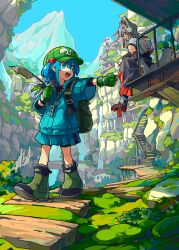 2girls absurdres adapted_costume animal_ear_hood animal_ears backpack bag black_skirt blue_eyes blue_hair blue_jacket blue_skirt boots building cattail day detached_sleeves doggo_1d34 fake_animal_ears gloves green_boots green_gloves green_hat grey_hair hair_bobbles hair_ornament hat highres holding holding_plant hood hood_down inubashiri_momiji jacket kawashiro_nitori key medium_hair mountain multiple_girls nature open_mouth outdoors plant pom_pom_(clothes) railing red_eyes red_hat red_trim rock signature sitting skirt sleeveless smile standing tail tokin_hat touhou walking wolf_ears wolf_girl wolf_tail