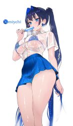 1girl alternate_costume alternate_hairstyle blue_eyes blue_hair blue_nails blue_panties blue_skirt bow bow_earrings breasts button_gap collared_shirt colored_inner_hair commentary earrings fanged_bangs food food_in_mouth hand_up high-waist_skirt highres holding holding_food holding_own_hair holding_popsicle hololive hololive_english jewelry long_hair looking_at_viewer miniskirt miychi multicolored_hair nail_polish ouro_kronii panties pantyshot pleated_skirt popsicle popsicle_in_mouth school_uniform see-through_clothes see-through_shirt shirt shirt_tucked_in short_sleeves simple_background skirt solo symbol-only_commentary twintails underboob underwear very_long_hair wet wet_clothes wet_shirt white_background white_shirt