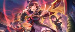 Rule 34 | 3girls, arue (konosuba), belt, black cloak, black gloves, black hat, black robe, black shirt, blouse, blush, bow, braid, breasts, brown belt, brown hair, building, chuunibyou, cleavage cutout, clenched hand, cloak, closed mouth, clothing cutout, cloud, cloudy sky, collared dress, crown braid, diagonal-striped clothes, diagonal-striped necktie, dress, drill hair, drill sidelocks, embarrassed, eyepatch, fingerless gloves, from below, game cg, gloves, glowing, glowing eye, hair between eyes, hair bow, hand over eye, hand up, hat, highres, kono subarashii sekai ni shukufuku wo!, konosuba! fantastic days, large breasts, long hair, looking at viewer, looking down, low twintails, megumin, miniskirt, multiple girls, necktie, nose blush, off shoulder, official art, open mouth, orange necktie, outdoors, outstretched arm, pink dress, pink necktie, pink skirt, purple bow, reaching, reaching towards viewer, red bow, red dress, red eyes, red necktie, red prison magic school uniform, robe, school uniform, shirt, short dress, short hair, short hair with long locks, short necktie, sidelocks, skirt, sky, smile, statue, striped clothes, sunset, throwing, twintails, two-tone necktie, unworn eyepatch, v-shaped eyebrows, witch hat, yunyun (konosuba)