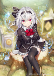 1girl akkijin book breasts brown_ribbon female_focus hair_ornament hair_ribbon large_breasts librarian looking_at_viewer magic_circle mirror_image red_eyes ribbon shinkai_no_valkyrie short_hair silver_hair sitting solo telekinesis thighhighs