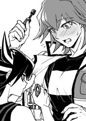 2boys absurdres black_hair blush bruno_(yu-gi-oh!) clothes_pull facing_away flying_sweatdrops fudo_yusei greyscale hands_up high_collar highres holding_tool jacket looking_down male_focus monochrome multiple_boys open_clothes open_jacket open_mouth parted_lips screentones screwdriver shirt short_hair simple_background sleeveless spiked_hair surprised sweatdrop t-shirt tank_top tools wrench yaoi youko-shima yu-gi-oh! yu-gi-oh!_5d&#039;s
