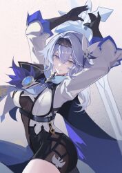 1girl arms_up black_gloves black_hairband black_shorts blue_eyes blue_hair blue_lips blue_necktie breasts chest_harness closed_mouth eula_(genshin_impact) genshin_impact gloves gradient_background greatsword gushuibushui hair_ornament hairband harness high-waist_shorts highres medium_breasts medium_hair necktie shorts smile solo sword weapon white_sleeves wide_sleeves
