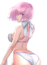 Rule 34 | 1girl, absurdres, bikini, bikini day, breasts, commentary, fate/grand order, fate (series), from behind, hair over one eye, hashtag-only commentary, highres, looking back, mash kyrielight, parted lips, pink hair, polka dot, polka dot bikini, purple eyes, ri-ko, simple background, solo, swimsuit, white background, white bikini