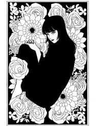 Rule 34 | 1girl, black background, black hair, black robe, blunt bangs, border, floral background, greyscale, highres, long hair, looking at viewer, monochrome, original, robe, solo, tp p pt, white border