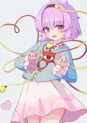 1girl :d absurdres blue_shirt blush buttons commentary_request cowboy_shot dot_nose eyeball floral_print grey_background hair_between_eyes hair_ornament hairband heart heart_button heart_hair_ornament highres komeiji_satori long_sleeves looking_at_viewer nora_koutya open_mouth pink_skirt purple_eyes purple_hair shirt short_hair simple_background skirt smile solo third_eye touhou wide_sleeves