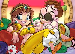 1boy 1girl arabian_clothes blue_eyes bracelet breasts brown_hair cheek_pinching circlet closed_eyes crop_top crossed_legs dress earrings facial_hair flower_earrings full_body green_hat green_pants green_vest hand_on_another&#039;s_face hat highres indoors jewelry long_hair luigi luigi_(oasis) lying mario_(series) mario_kart mario_kart_world midriff mustache nintendo official_alternate_costume on_back orange_shoes pants pillow pinching ponytail princess princess_daisy princess_daisy_(oasis) puffy_short_sleeves puffy_sleeves sandals shoes short_hair short_sleeves smile teeth teevo vest window yellow_dress yellow_pants