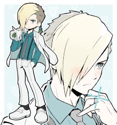 absurdres alternate_costume arm_up black_necktie black_socks blonde_hair blue_eyes blush border bouquet closed_eyes collared_shirt ed_(street_fighter) fingernails flower formal_clothes full_body green_shirt hair_over_one_eye hand_in_pocket heart highres holding holding_bouquet jacket jacket_on_shoulders lapels looking_at_viewer looking_to_the_side male_focus multiple_views necktie notched_lapels one_eye_covered pants sach56000 shirt shirt_tucked_in shoes short_hair socks sparkle street_fighter street_fighter_6 suit suit_jacket white_border white_jacket white_pants white_shoes white_suit wing_collar
