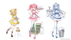 3girls ahoge akrngo_0708 alpha_betta_(vtuber) alternate_costume animal blonde_hair blue_bow blue_dress blue_eyes blue_hair blue_ribbon blue_shorts bow breasts brown_shoes bucket cake cake_slice chips_(food) closed_mouth cup double_bun dress enmaided fins fish_girl flower food frilled_dress frills green_eyes hair_bow hair_bun hair_flower hair_intakes hair_ornament hair_ribbon hairclip hamuhima_(hani_hima) hand_on_own_hip hani_hima_(v-dere) head_fins highres holding holding_tray kirispica long_hair maid maid_headdress multiple_girls name_tag official_art open_mouth pancake parfait pink_bow pink_dress pink_hair pink_shoes potato_chips purple_eyes ribbon shoes shorts sleeveless sleeveless_dress stool sunflower teacup teapot thigh_strap thighhighs tray twintails umbrella umbrella_stand v-dere virtual_youtuber water_lily_flower watermark web_address white_background white_thighhighs wrist_cuffs yellow_dress