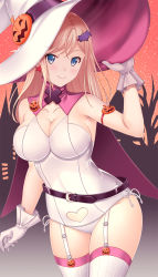 1girl adjusting_clothes adjusting_headwear bat_hair_ornament belt black_belt blonde_hair blue_eyes breasts cape cleavage closed_mouth clothing_cutout commentary cowboy_shot garter_straps gloves hair_ornament halloween hat hataraki_kuma heart_cutout highres jack-o&#039;-lantern_ornament large_breasts leotard looking_at_viewer night night_sky one-piece_swimsuit original outdoors purple_cape purple_hat red_sky side-tie_leotard sky smile solo standing star_(sky) starry_sky swimsuit thighhighs two-sided_fabric two-sided_headwear white_gloves white_hat white_leotard white_one-piece_swimsuit white_thighhighs witch_hat